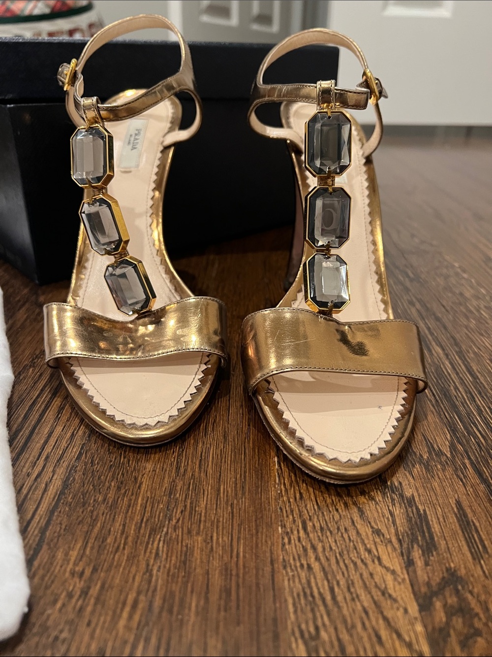 PRADA Metallic Gold T-Strap Jeweled Sandals for Women 39